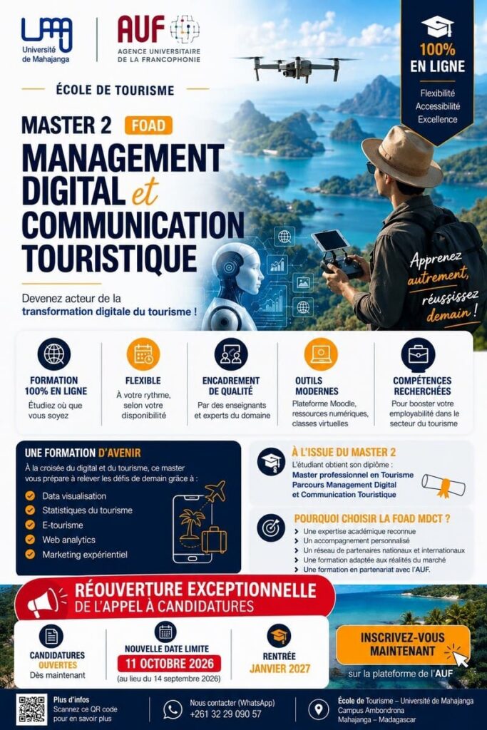 Réouverture exceptionnelle de l'appel à candidatures Master 2 Management Digital et Communication Touristique (MDCT) - Promotion 2027